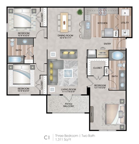 Floor plan for 3 beds, 2 baths, 1310 sqft